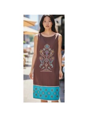 Sabby Anand Embroidered Brown Cotton Shift Dress size Large